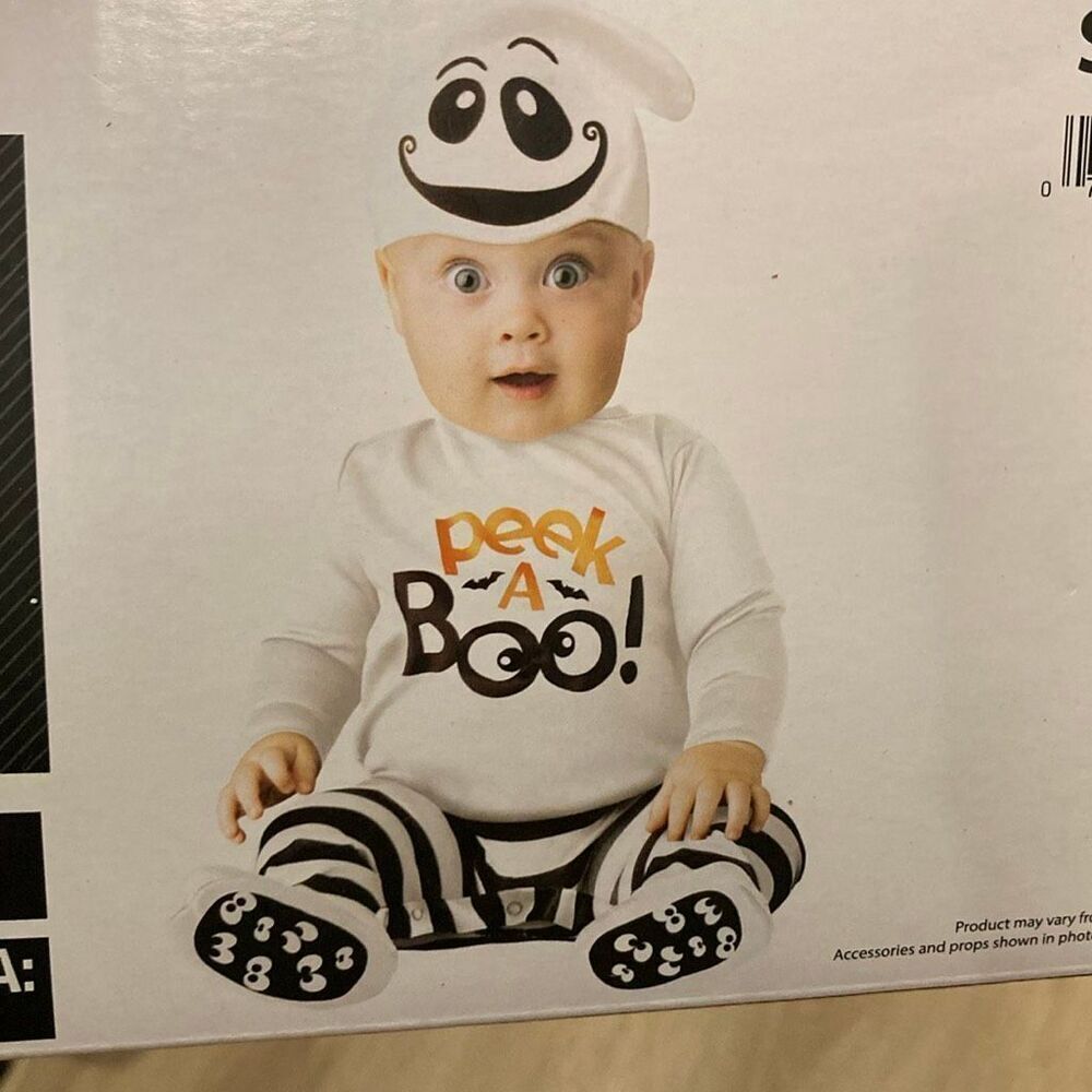 Baby Ghost Halloween Costume 0-6 Months Peek A Boo Jumpsuit & Cap